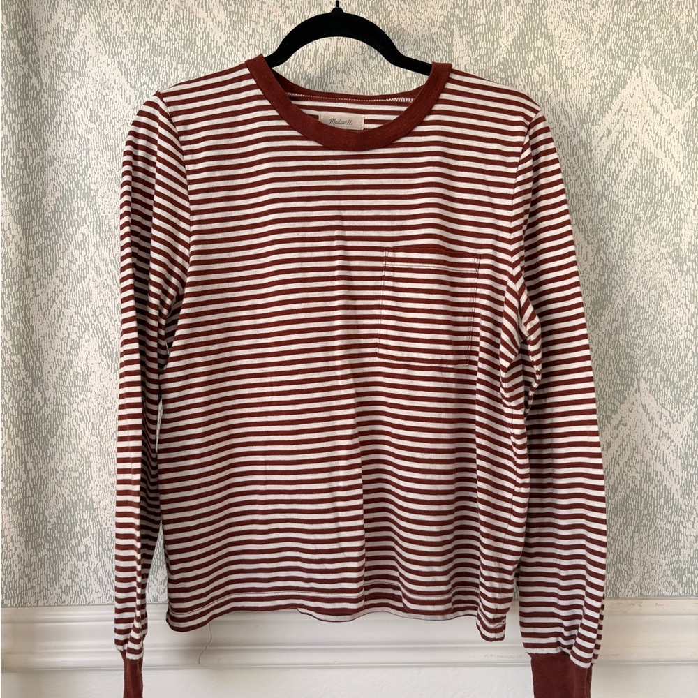 Madewell Rust and White Striped Long Sleeve Pocket Tee